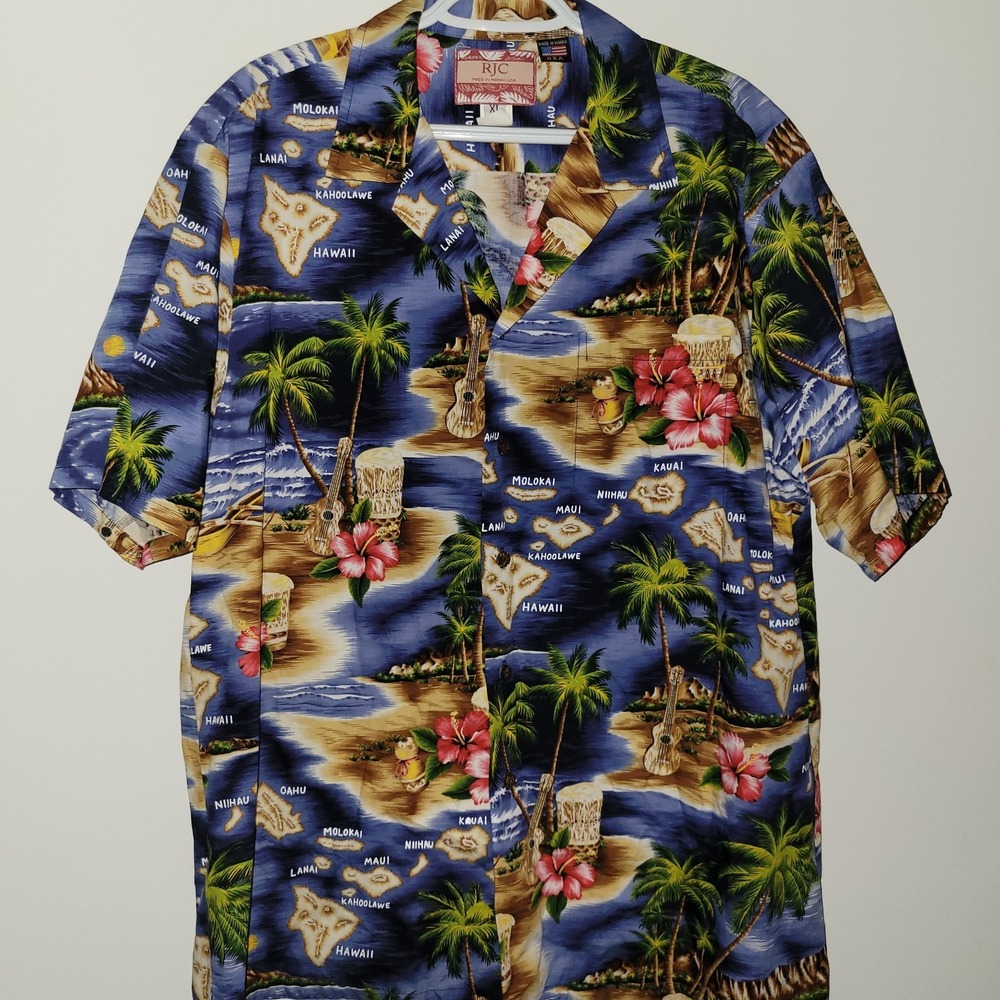Vintage RJC Hawaiian Islands Button Up Shirt Men's Size XL Floral Map